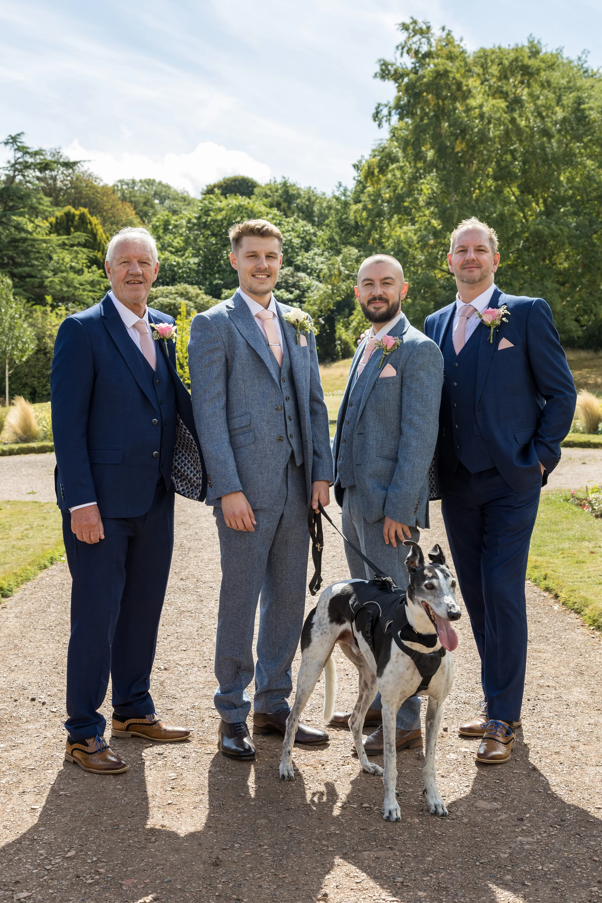 Four men in tailored suits and a greyhound dog pose together on a gravel pathway surrounded by lush green trees on a sunny wedding day.