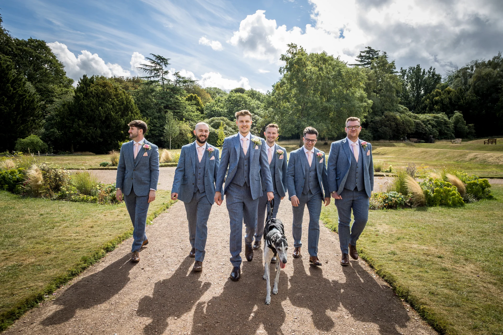 A smiling groom and his groomsmen walk along a gravel path in a lush garden setting, accompanied by a greyhound on a leash.