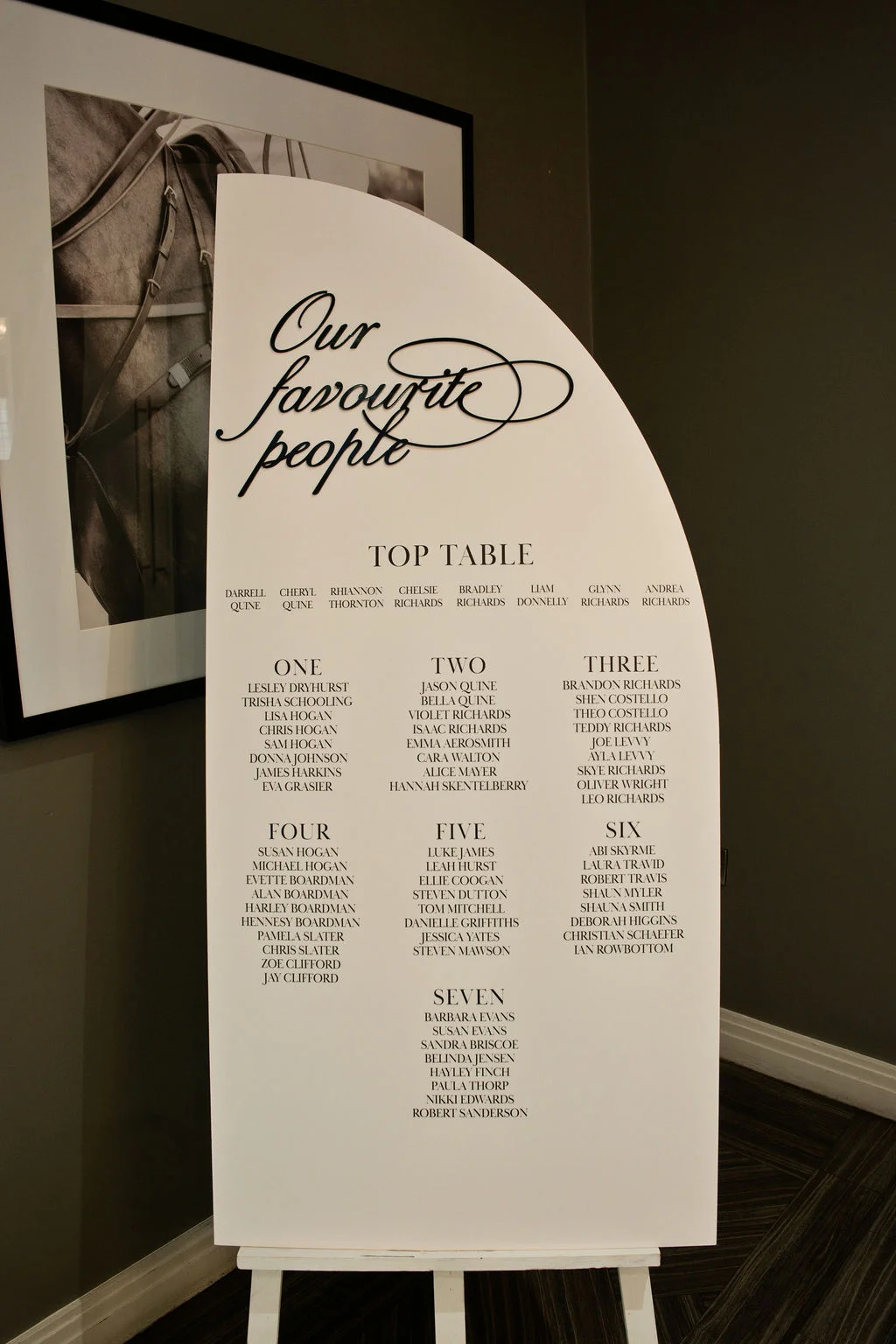 A modern curved white wedding seating plan sign with black typography stands on an easel against a dark wall next to framed horse photography.