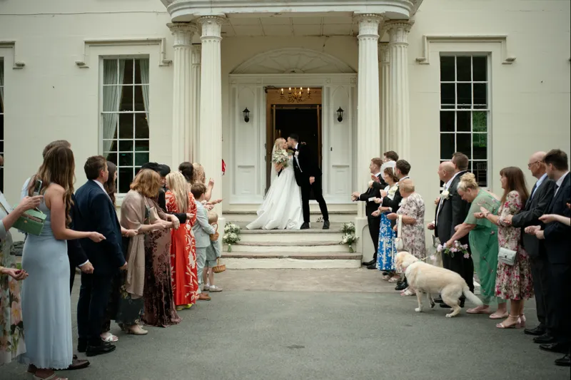 Newlyweds share a romantic kiss on the grand entrance steps of a stately country house as wedding guests cheer and a dog looks on.