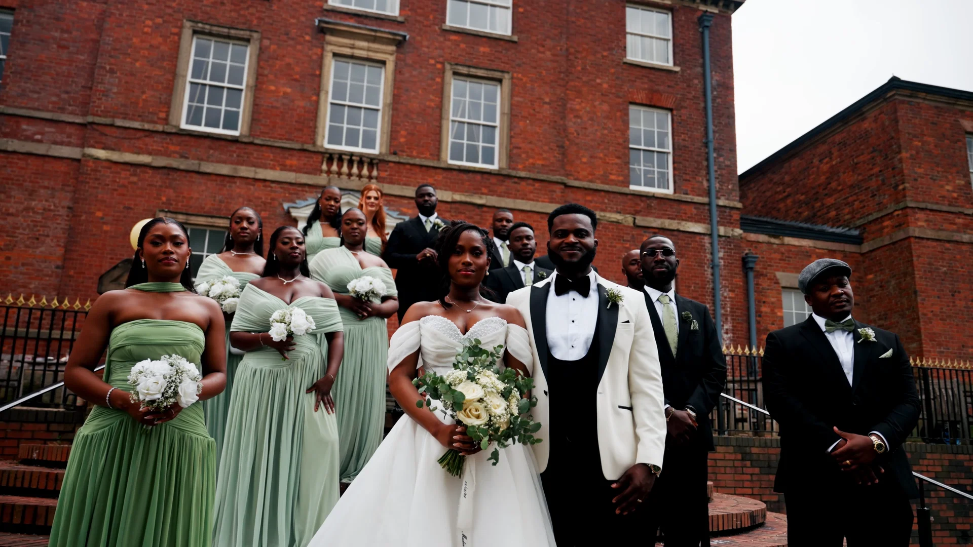 A bridal party poses outdoors on steps in front of a grand red brick building, featuring bridesmaids in sage green dresses and groomsmen in black suits flanking the bride and groom.