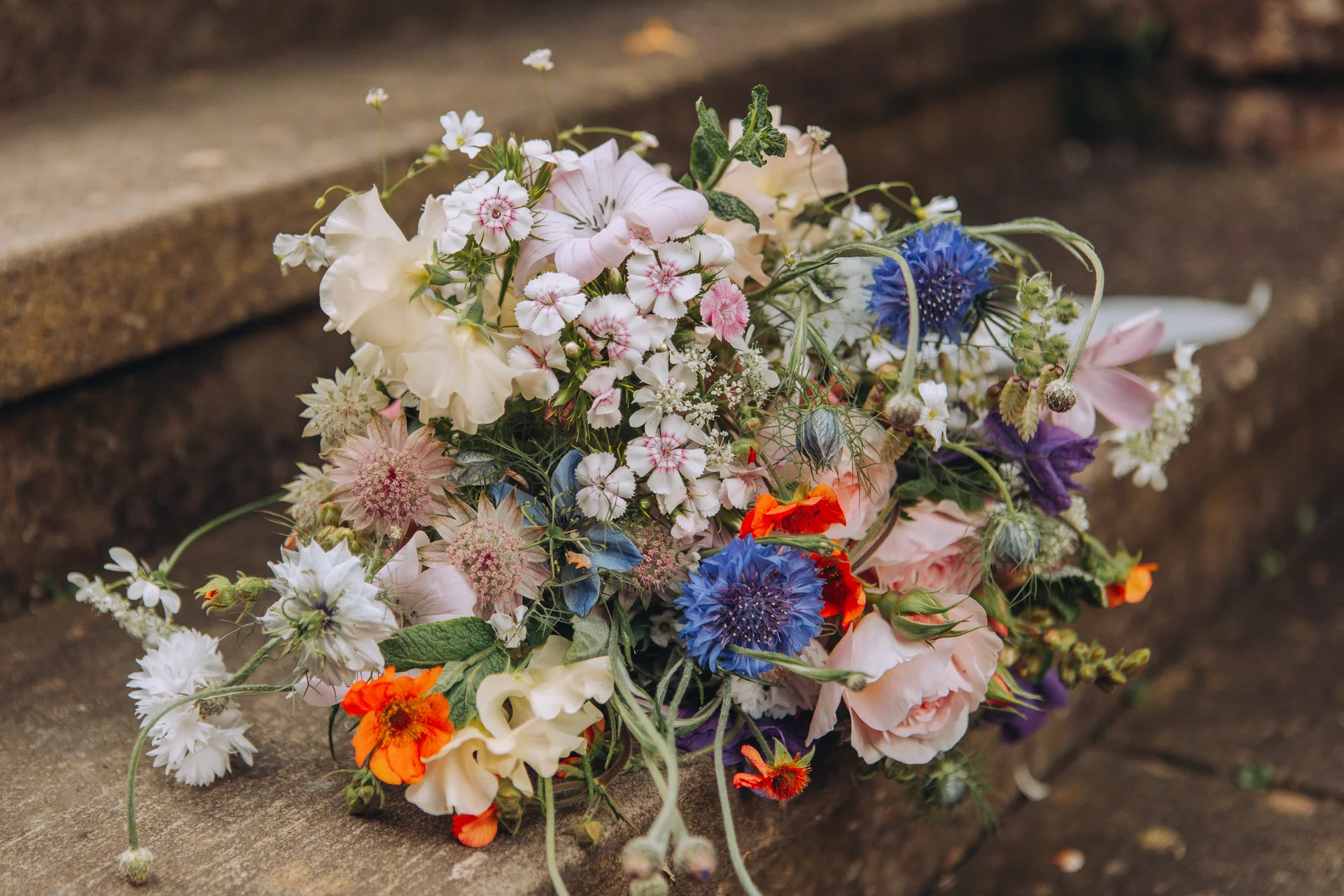 A colourful, hand-tied wildflower bouquet featuring blue cornflowers, soft pink roses, and delicate blooms rests on rustic stone steps.