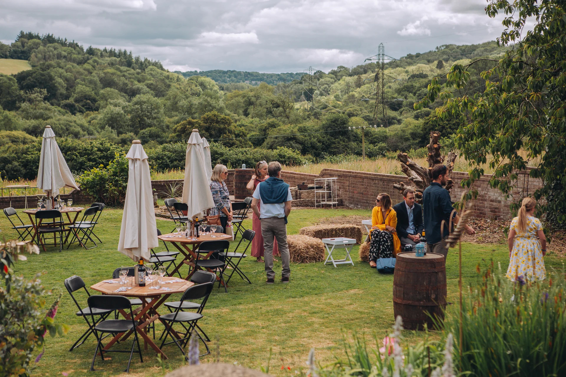 Wedding guests mingle during a relaxed outdoor reception on a lush lawn surrounded by scenic rolling hills and distant woods.