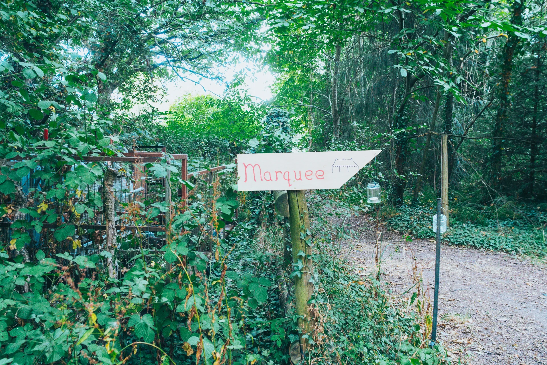 A hand-painted wooden sign pointing towards the marquee sits amidst a lush green woodland path surrounded by trees and foliage.