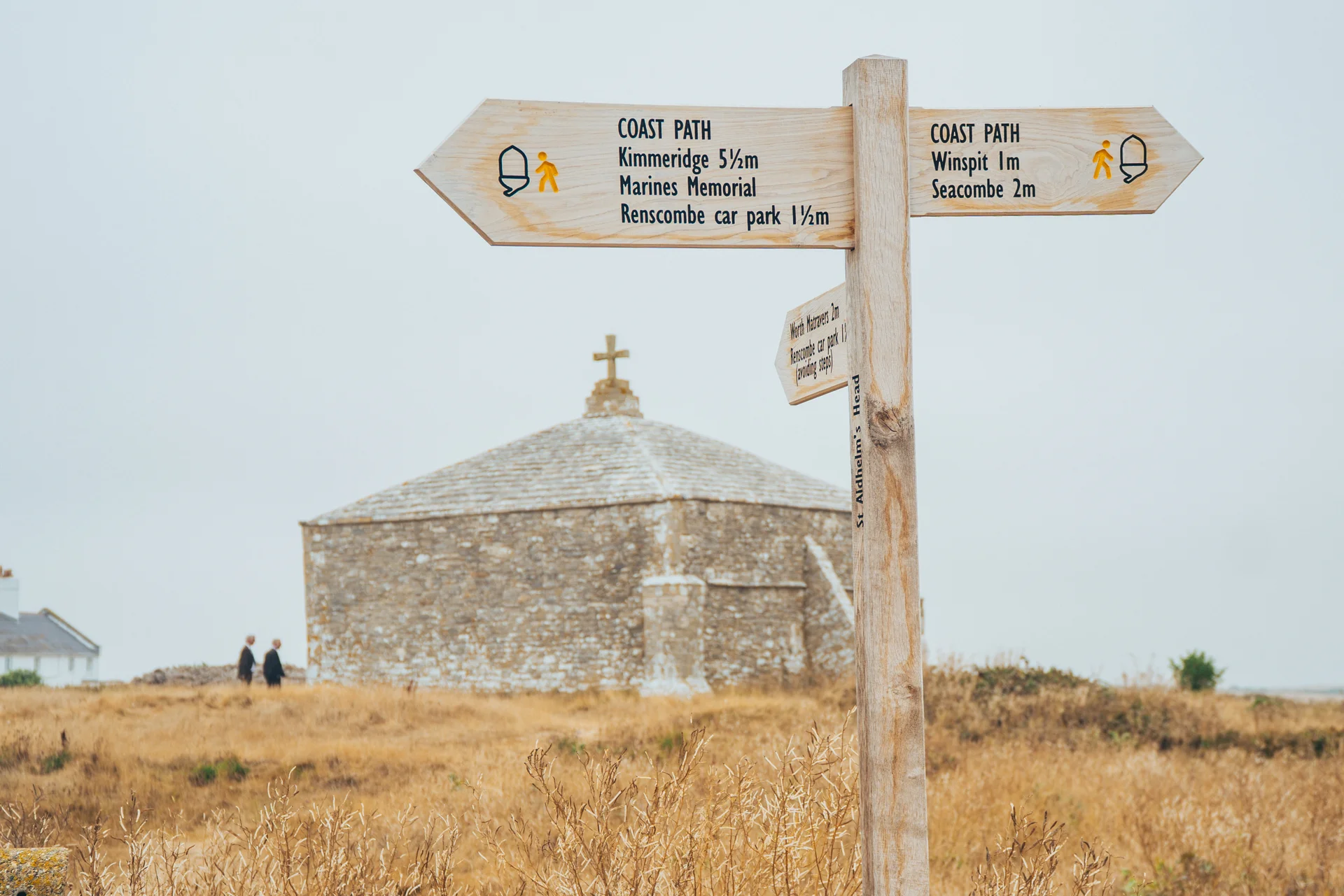 A wooden fingerpost points along the coastal path towards Kimmeridge and Winspit, with an ancient stone chapel visible in the background under an overcast sky.