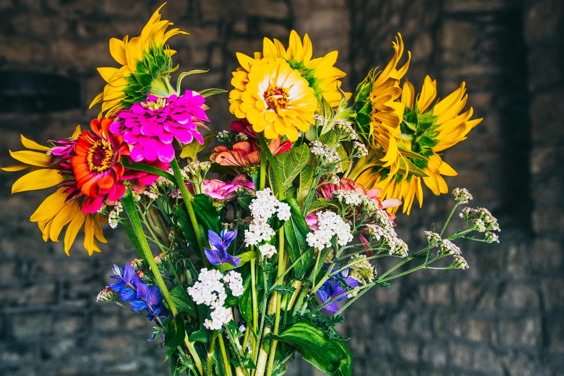 A vibrant, colourful wedding bouquet featuring bright yellow sunflowers, vivid pinkzinnias, purple blooms, and delicate white filler flowers against a rustic exposed brick background.