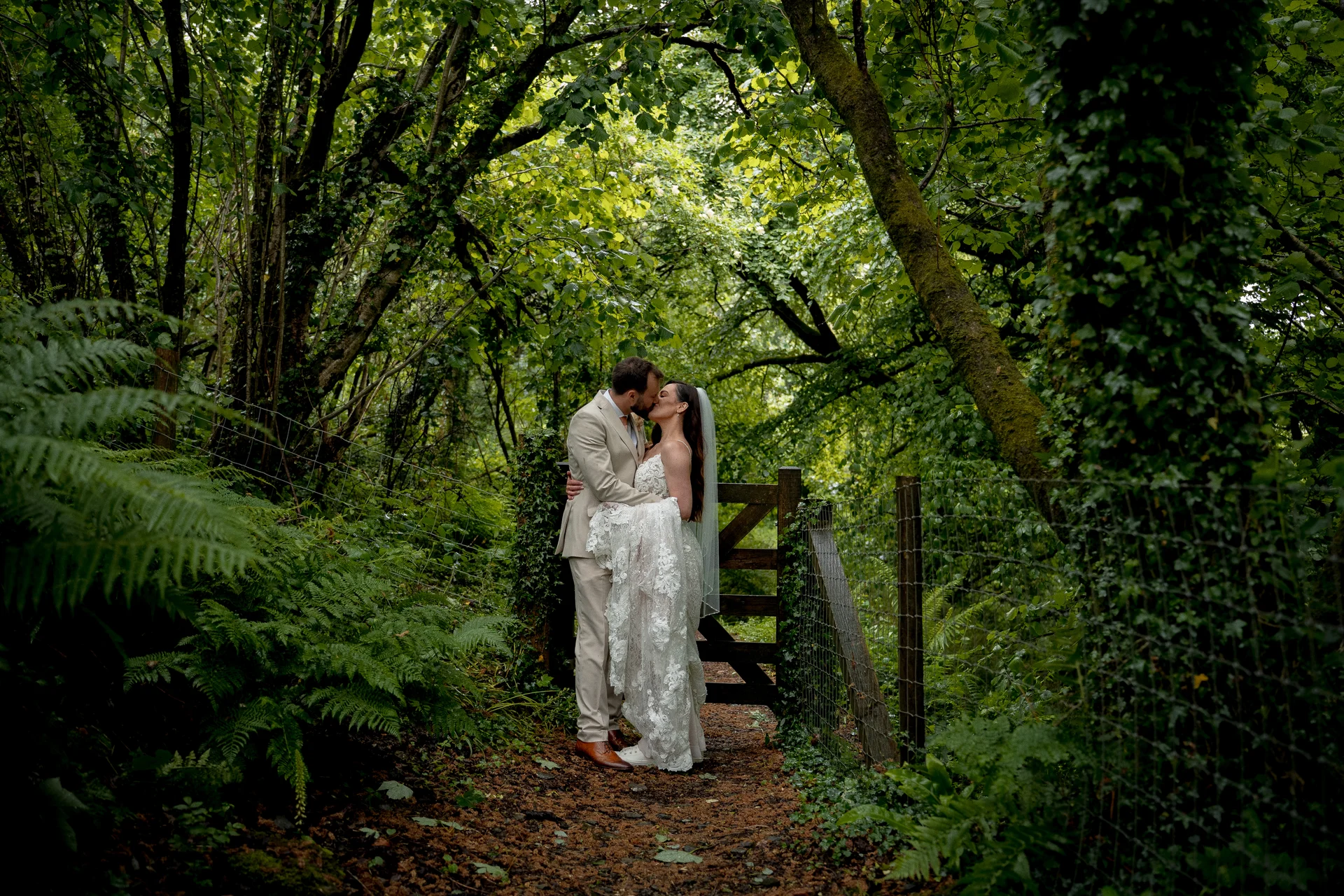A newlywed couple shares a tender kiss along a woodland path surrounded by lush green ferns and towering trees.