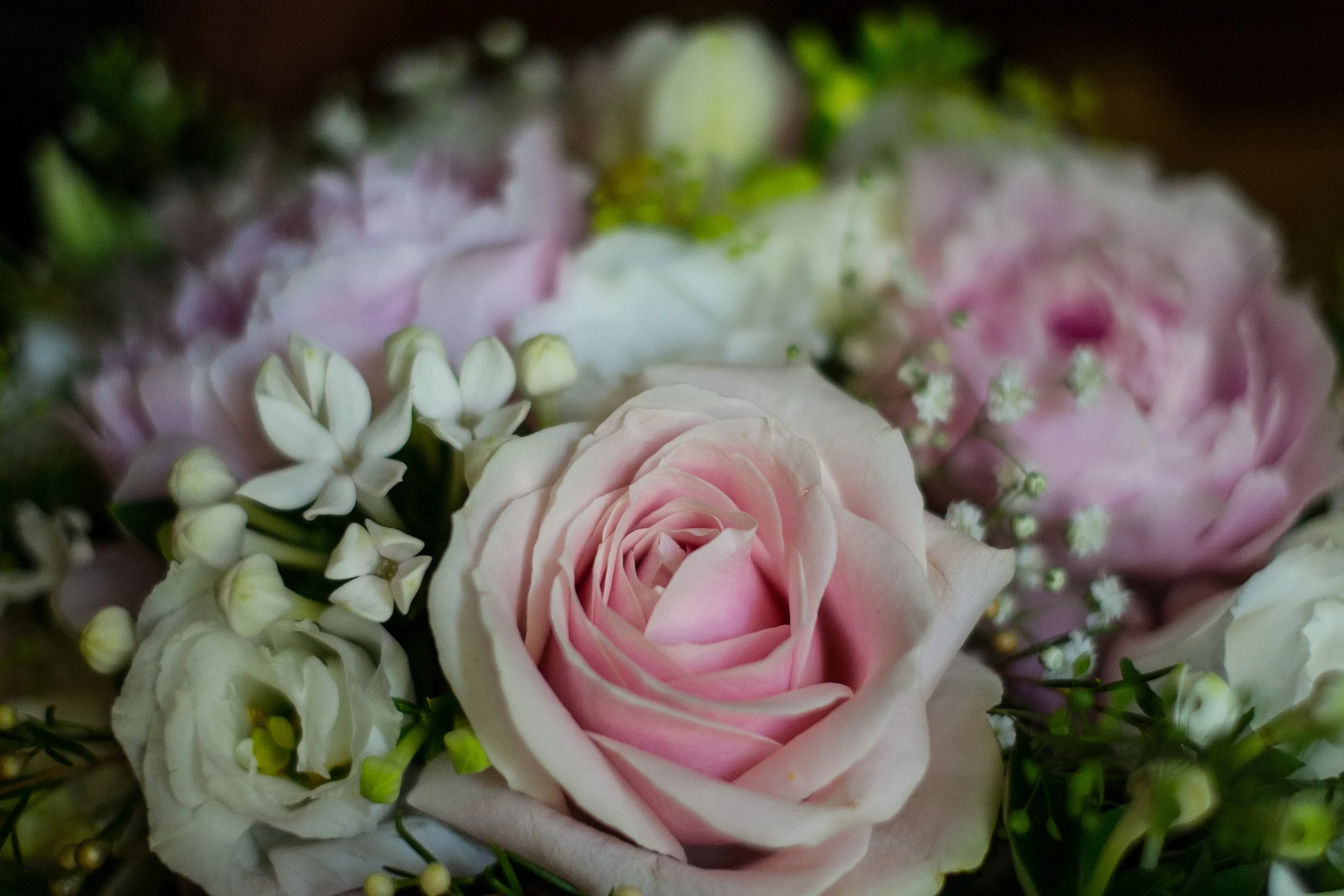 A close up view of a hand tied bridal bouquet featuring soft pink roses and delicate white flowers.