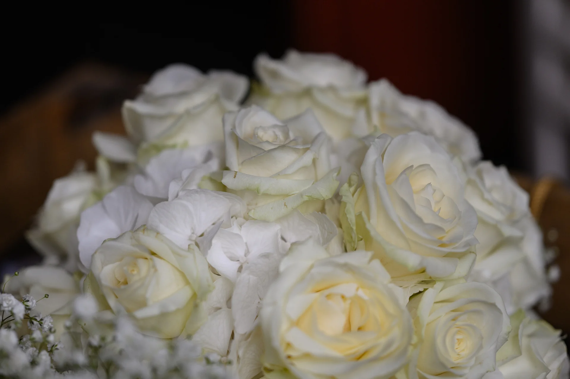 A close-up view of a classic white bridal bouquet featuring arrangement of white roses, hydrangeas, and delicate baby's breath.