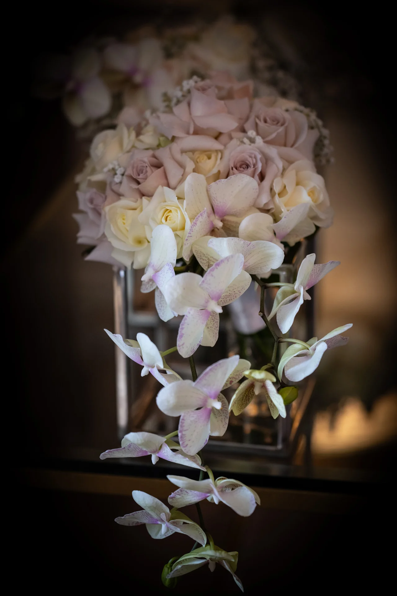 A close up shot of a cascading wedding bouquet featuring trailing phalaenopsis orchids with delicate purple speckles and soft pink and cream roses.