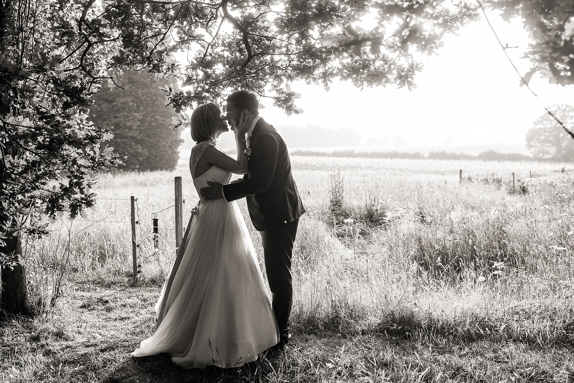 A newlywed couple share a tender kiss framed by leafy tree branches overlooking a scenic countryside meadow in a timeless black and white photograph.